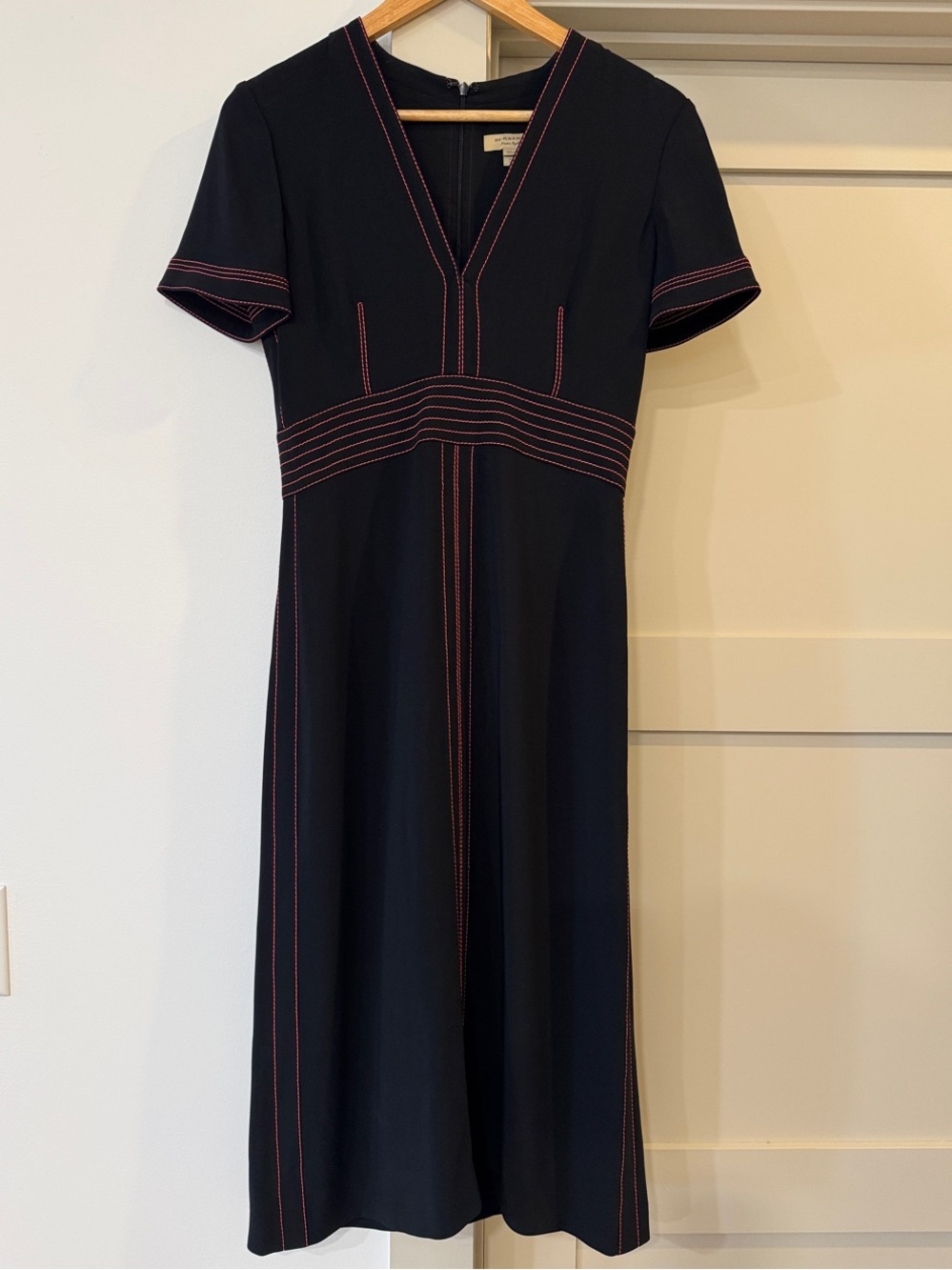 Burberry Benni Topstitch Midi Dress Black Pink Size US 6 UK 8